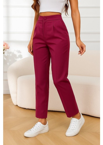 Kadın Önden Fermuarlı Cepli Geniş Kesim Lame Deri Pantolon