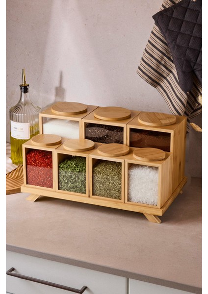 Bamboo Serica Ergonomik Standlı Bambu 7'li Baharatlık Takımı