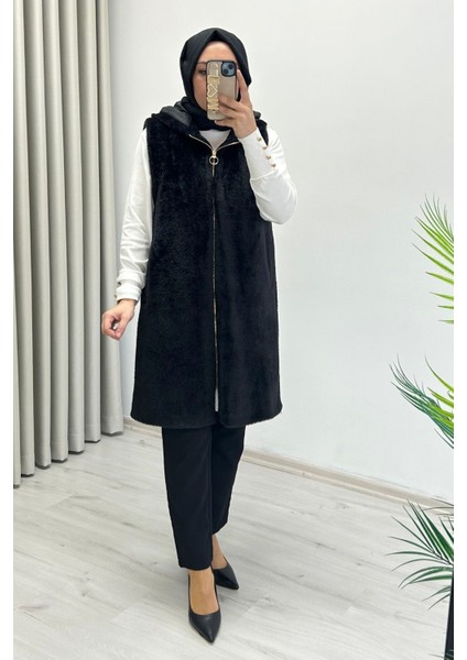 Noshe Full Fermuar Kapamalı Astarlı Cepli Diz Boyu Siyah Angora Yelek
