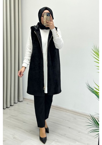 Noshe Full Fermuar Kapamalı Astarlı Cepli Diz Boyu Siyah Angora Yelek fiyatları