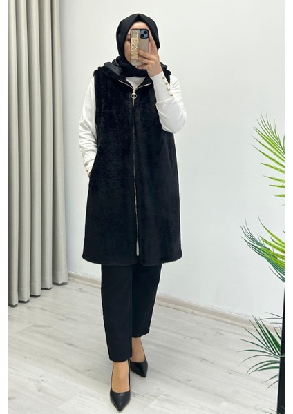 Noshe Full Fermuar Kapamalı Astarlı Cepli Diz Boyu Siyah Angora Yelek modelleri