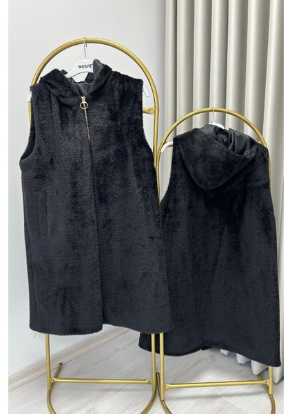 Noshe Full Fermuar Kapamalı Astarlı Cepli Diz Boyu Siyah Angora Yelek indirimleri