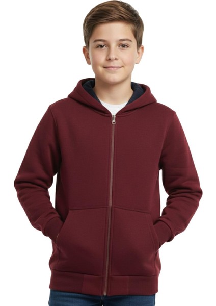 Bordo Fermuarlı Kapüşonlu Cepli Kız Erkek Sweatshirt BGL-ST04999