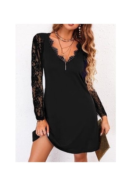 Kadın Uzun Kollu Yaka ve Kol Dantel Detay Sandy Mini Boy Elbise