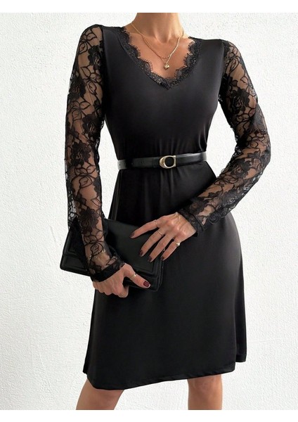 Kadın Uzun Kollu Yaka ve Kol Dantel Detay Sandy Mini Boy Elbise