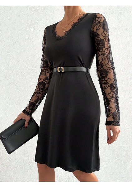 Kadın Uzun Kollu Yaka ve Kol Dantel Detay Sandy Mini Boy Elbise