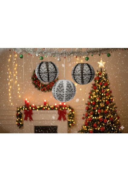 25 cm – 3'lü Siyah Beyaz Damask Desenli Japon Feneri Çin Feneri Parti Dekoru