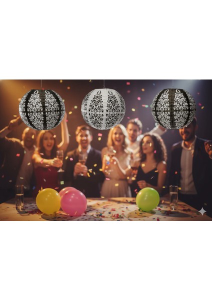 25 cm – 3'lü Siyah Beyaz Damask Desenli Japon Feneri Çin Feneri Parti Dekoru fiyatları