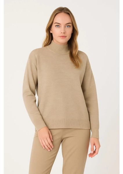 Yarım Boğaz Triko Kazak Yumuşak Dokulu Pamuklu Ince Dokuma, Uzun Kollu Rahat Regular Kalıp - Bej