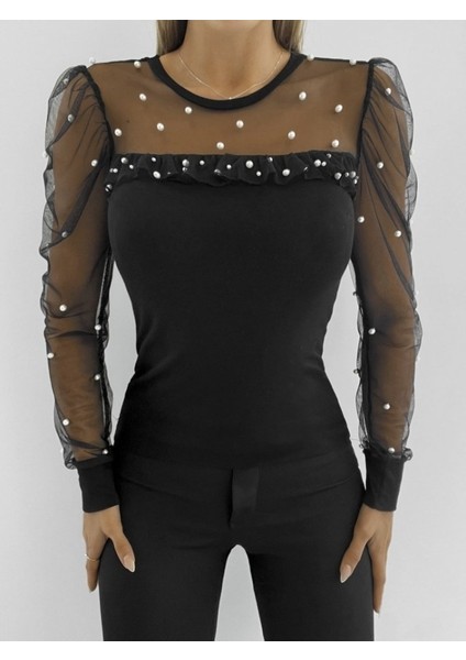 Kadın Uzun Kollu Inci Detaylı Tüllü Viskon Bluz indirimleri