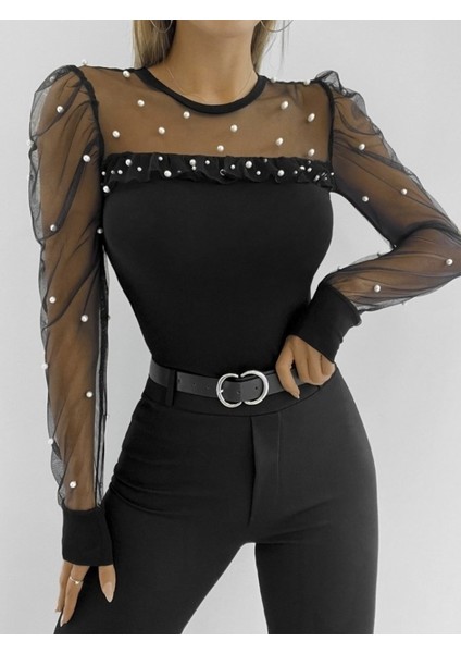 Kadın Uzun Kollu Inci Detaylı Tüllü Viskon Bluz