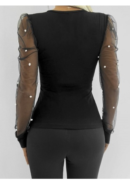 Kadın Uzun Kollu Inci Detaylı Tüllü Viskon Bluz