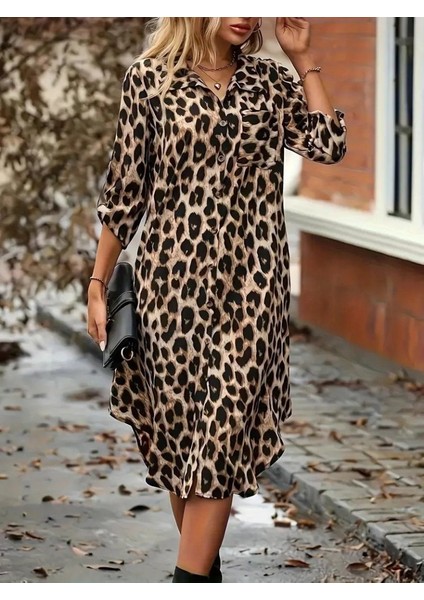 Kadın Uzun Kollu Yakalı Önden Düğmeli Leopar Desenli Modal Midi Elbise indirimleri