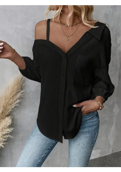 Kadın Tek Omuzdan Açık Askılı Uzun Kollu Yakalı Önden Düğmeli Gömlek fırsatları