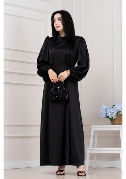 Beli Bağcıklı Balon Kol Abiye-Siyah