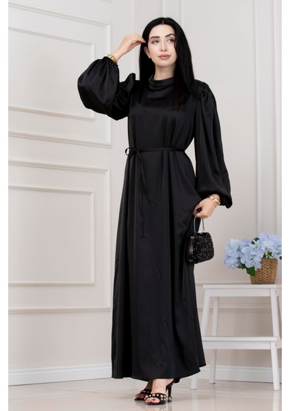 Beli Bağcıklı Balon Kol Abiye-Siyah modelleri