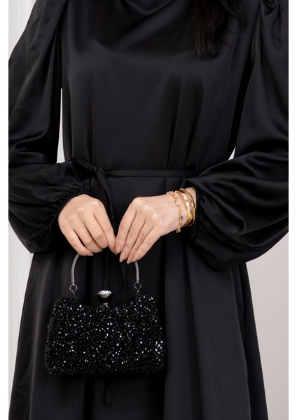 Beli Bağcıklı Balon Kol Abiye-Siyah fırsatları