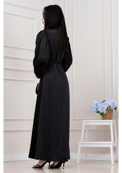 Beli Bağcıklı Balon Kol Abiye-Siyah indirimleri