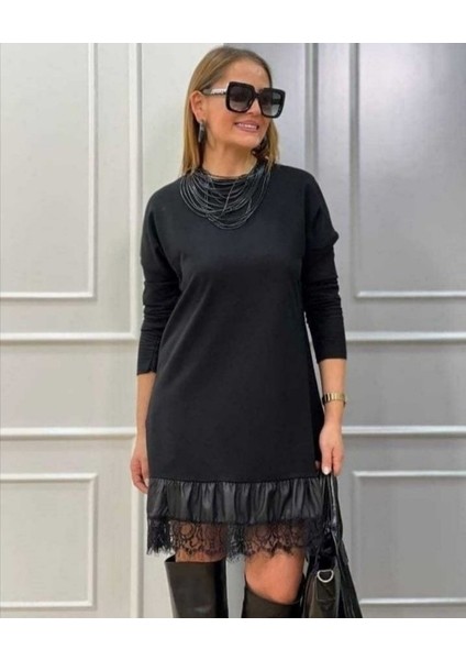 Kadın Uzun Kollu Bisiklet Yaka Etek Ucu Deri Dantelli Viskon Iki Iplik Midi Elbise fırsatları