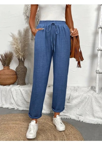 Kadın Yüksek Bel Lastikli Belde Bağcık Detaylı Aerobin Pantolon