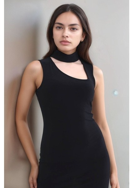 Kadın Asimetrik Yaka Sandy Kumaş Fırsat Ürün Diz Üstü Elbise