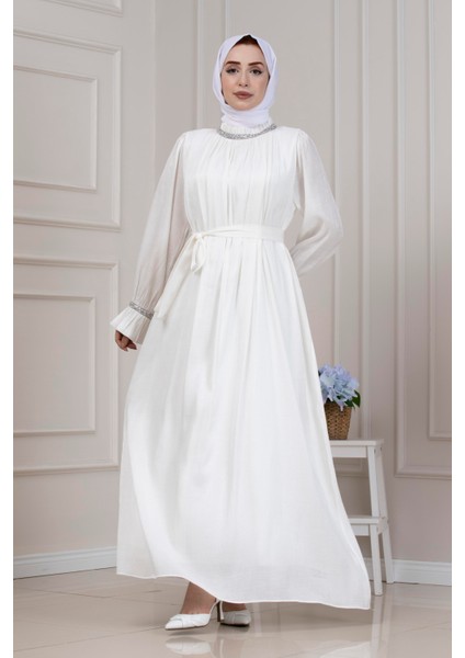 Simli Taşlı Abiye Elbise-Beyaz