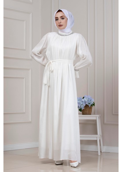 Simli Taşlı Abiye Elbise-Beyaz modelleri