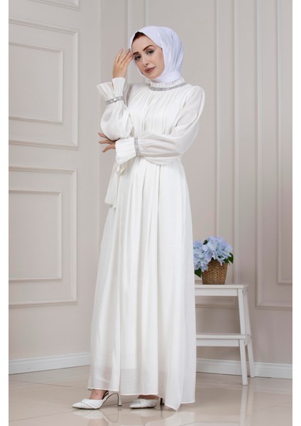 Simli Taşlı Abiye Elbise-Beyaz fırsatları