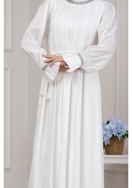 Simli Taşlı Abiye Elbise-Beyaz indirimleri