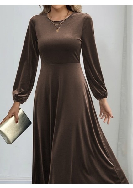 Kadın Uzun Kollu Bisiklet Yaka Midi Kadife Elbise fiyatları