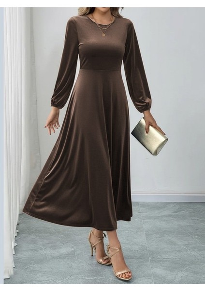 Kadın Uzun Kollu Bisiklet Yaka Midi Kadife Elbise modelleri