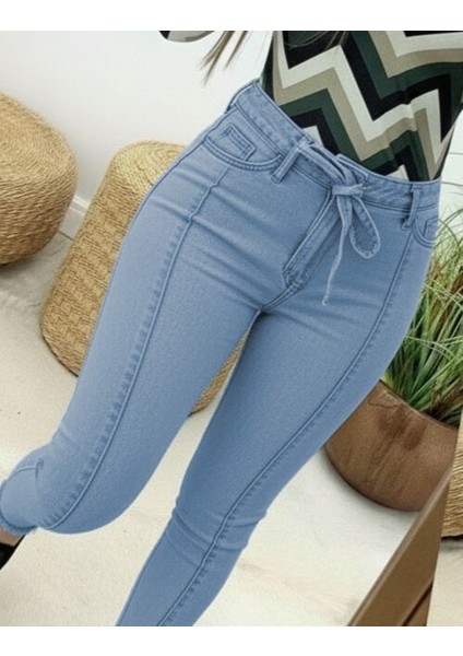 Kadın Yüksek Bel Belden Kuşaklı Yırtık Detaylı Kot Pantolon fiyatları