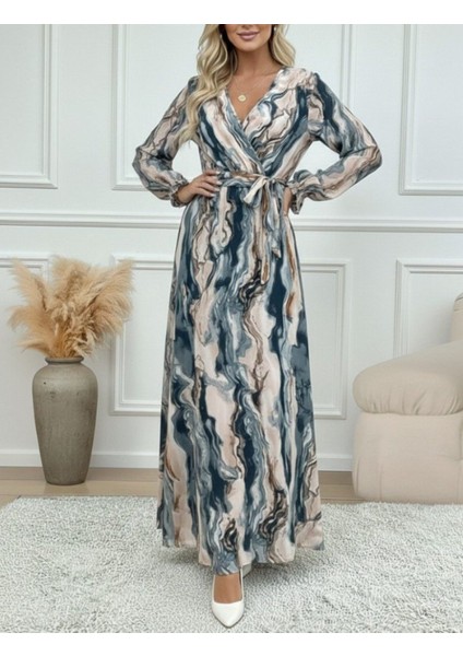 Kadın Uzun Kollu Kruvaze Yakalı Beli Kuşaklı Desenli Süprem Maxi Elbise