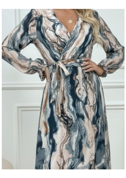 Kadın Uzun Kollu Kruvaze Yakalı Beli Kuşaklı Desenli Süprem Maxi Elbise