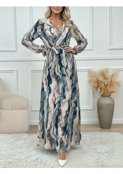 Kadın Uzun Kollu Kruvaze Yakalı Beli Kuşaklı Desenli Süprem Maxi Elbise