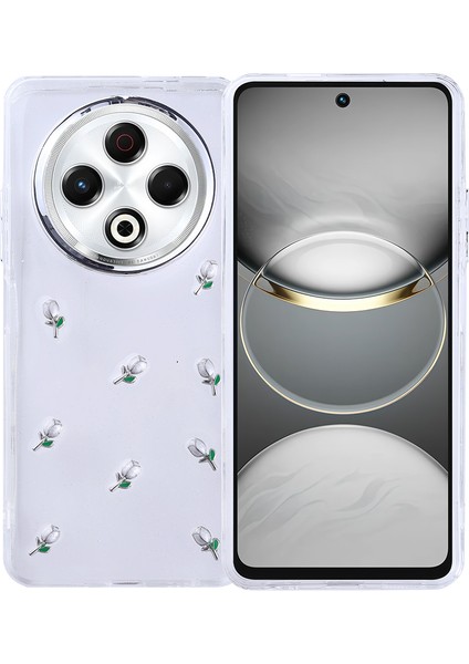Tecno Spark 30 Kılıf Kamera Koruyucu Simli Lale Desenli Kabartmalı Şeffaf Slikon Kapak