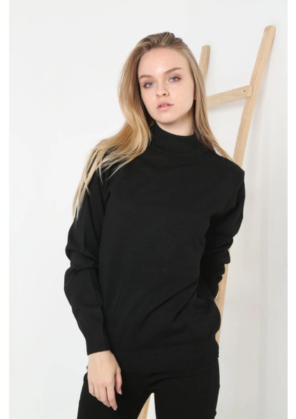 Yarım Boğaz Triko Kazak Yumuşak Dokulu Pamuklu Ince Dokuma, Uzun Kollu Rahat Regular Kalıp - Siyah modelleri