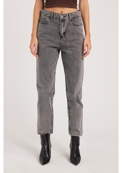 Kadın Slim Fit Dar Kesim Pamuklu Dar Paça Antrasit Jean Pantolon