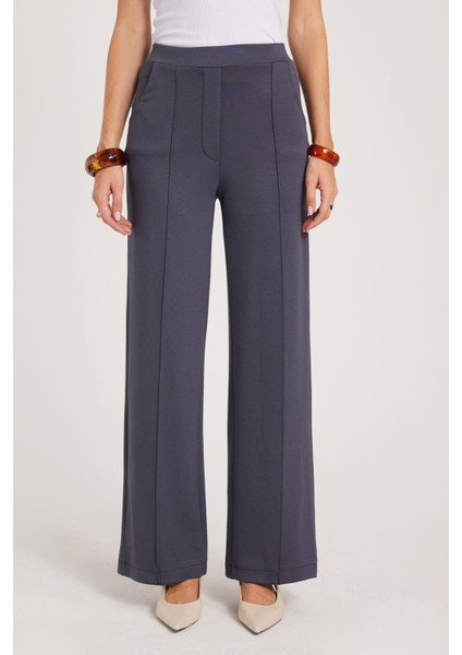 Kadın Relax Fit Rahat Kesim Modal Kumaş Yüksel Bel Geniş Paça Antrasit Pantolon