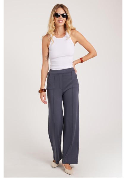 Kadın Relax Fit Rahat Kesim Modal Kumaş Yüksel Bel Geniş Paça Antrasit Pantolon fiyatları