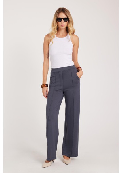 Kadın Relax Fit Rahat Kesim Modal Kumaş Yüksel Bel Geniş Paça Antrasit Pantolon fırsatları