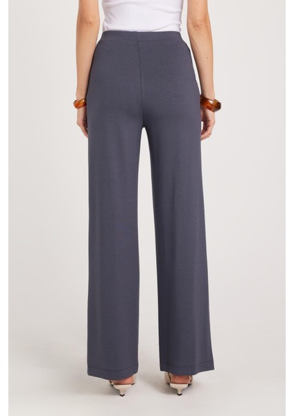 Kadın Relax Fit Rahat Kesim Modal Kumaş Yüksel Bel Geniş Paça Antrasit Pantolon
