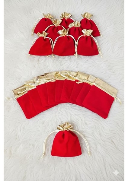 Kırmızı Gold Kadife Minik Kese, 10 Adet - 7X9CM, Altın Kesesi, Takı Kesesi - Söz Nişan Kına Düğün