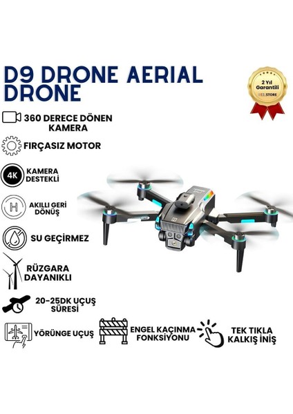 D9 Drone,fırçasız Motorlu,90° Elektrikli Kamera, Tek Tuş Kalkış–iniş LED Işıklı 4K Akıllı Drone