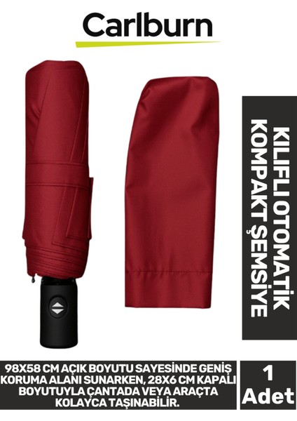 Bordo Kompakt Su Geçirmez ve Rüzgar Korumalı 8 Telli Otomatik Şemsiye