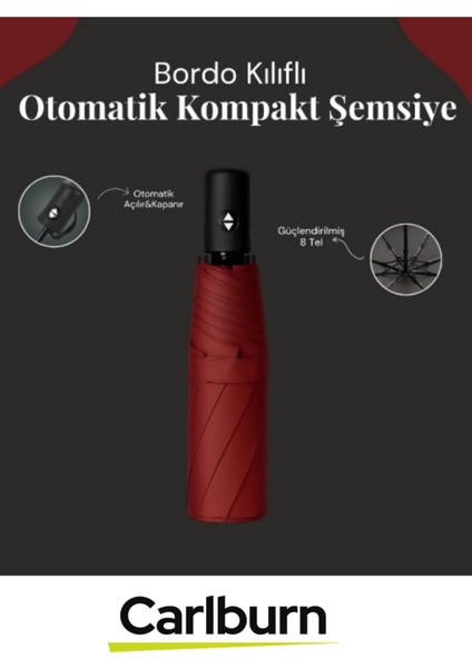 Bordo Kompakt Su Geçirmez ve Rüzgar Korumalı 8 Telli Otomatik Şemsiye fiyatları