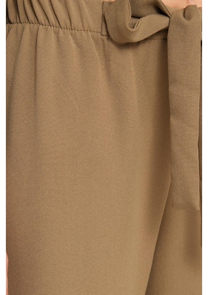 Kadın Relax Fit Rahat Kesim Lastikli Kuşak Bağlamalı Geniş Paça Haki Pantolon