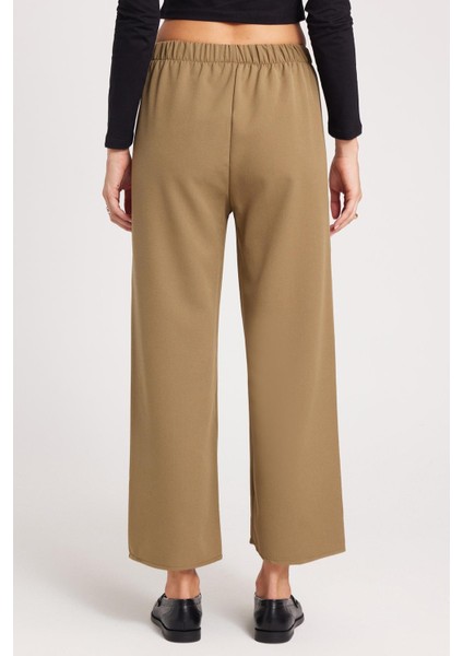 Kadın Relax Fit Rahat Kesim Lastikli Kuşak Bağlamalı Geniş Paça Haki Pantolon