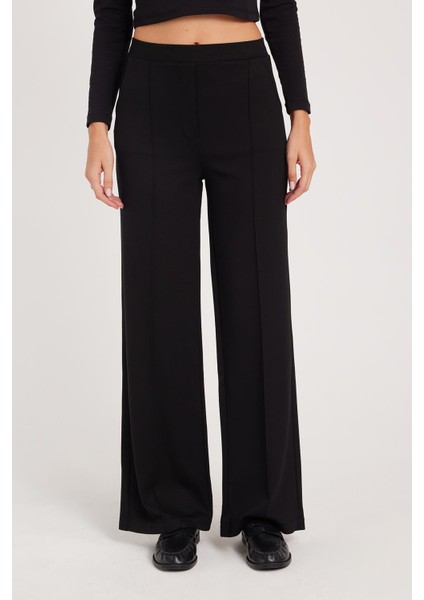 Kadın Relax Fit Rahat Kesim Modal Kumaş Yüksel Bel Geniş Paça siyah Pantolon