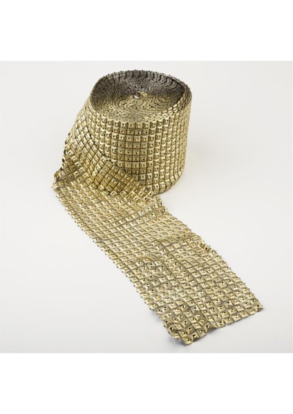 12 Sıralı Piramit Desenli Kristal Taş Görünümlü Plastik Şerit - Altın Rengi - 1 Metre